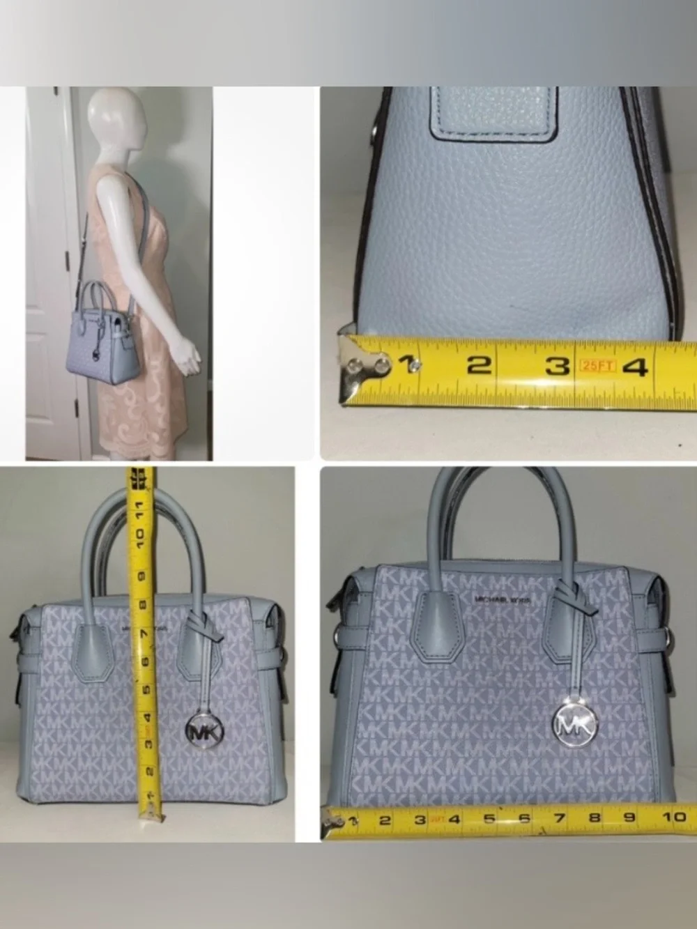 Michael Kors Mercer Satchel Crossbody Pale Blue Monogram Canvas Small